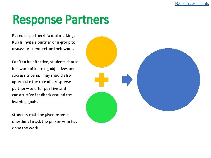 Back to AFL Tools Response Partners Paired or partnership oral marking. Pupils invite a