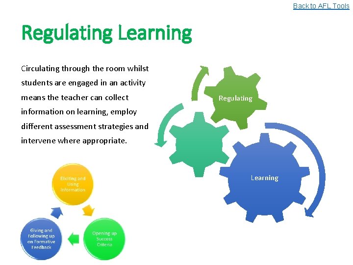 Back to AFL Tools Regulating Learning Circulating through the room whilst students are engaged