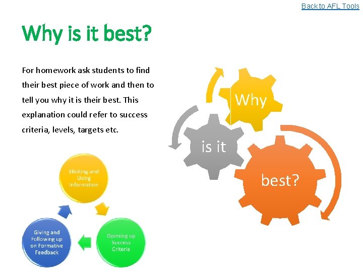 Back to AFL Tools Why is it best? For homework ask students to find
