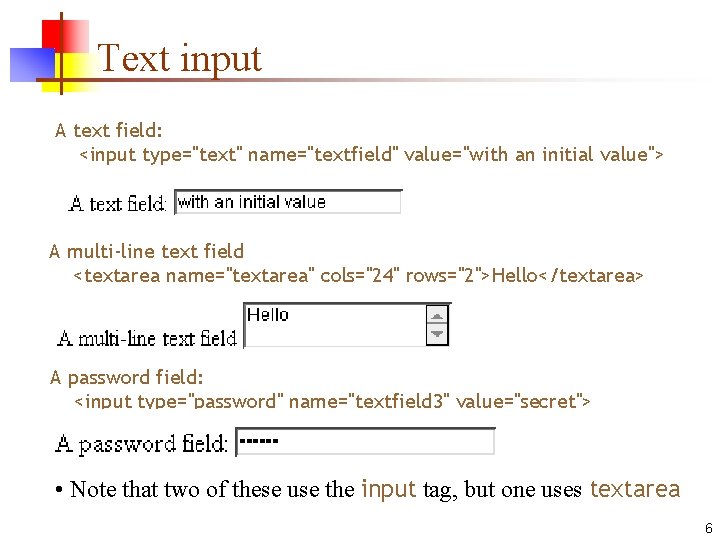 Text input A text field: <input type="text" name="textfield" value="with an initial value"> A multi-line