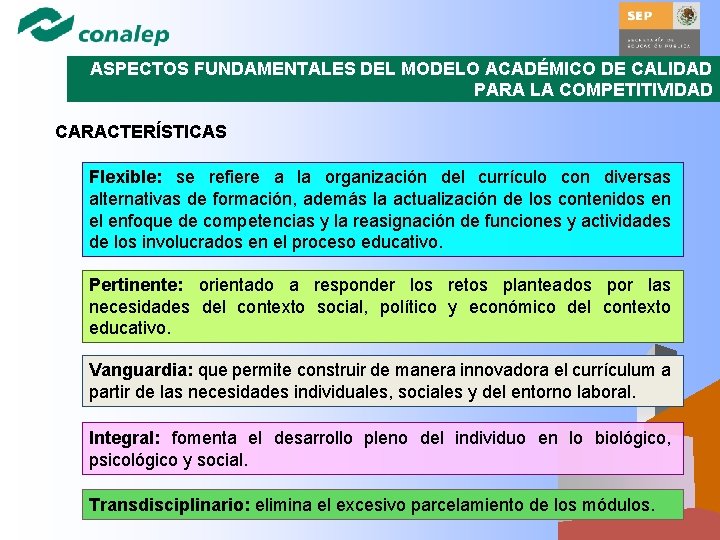 ASPECTOS FUNDAMENTALES DEL MODELO ACADÉMICO DE CALIDAD PARA LA COMPETITIVIDAD CARACTERÍSTICAS Flexible: se refiere