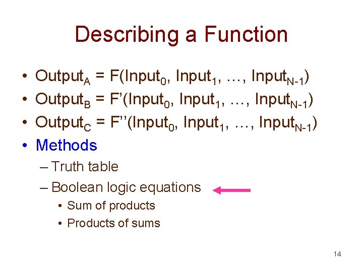 Describing a Function • • Output. A = F(Input 0, Input 1, …, Input.