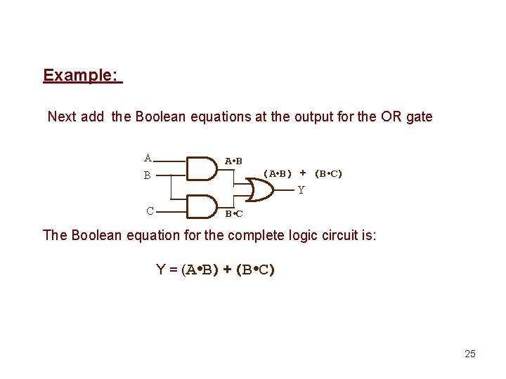 Example: Next add the Boolean equations at the output for the OR gate A