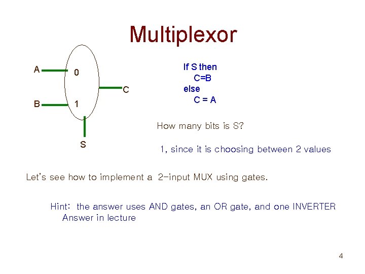 Multiplexor A 0 C B 1 If S then C=B else C=A How many