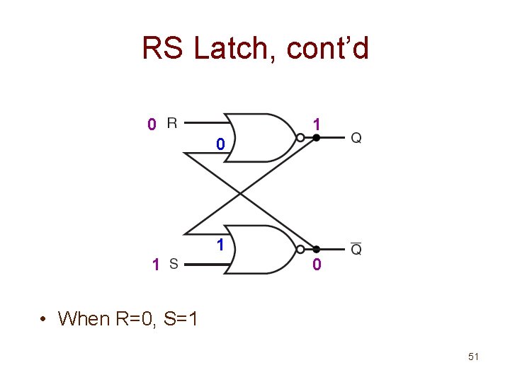 RS Latch, cont’d 0 1 1 0 • When R=0, S=1 51 