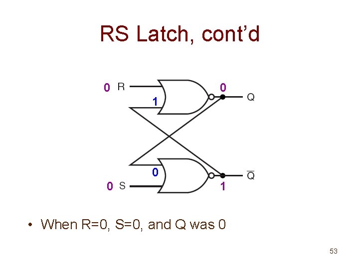 RS Latch, cont’d 0 0 1 • When R=0, S=0, and Q was 0