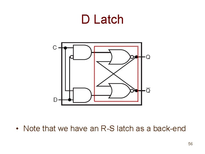 D Latch • Note that we have an R-S latch as a back-end 56