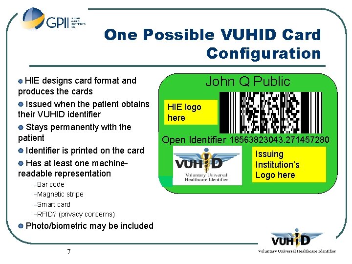 One Possible VUHID Card Configuration HIE designs card format and produces the cards Issued