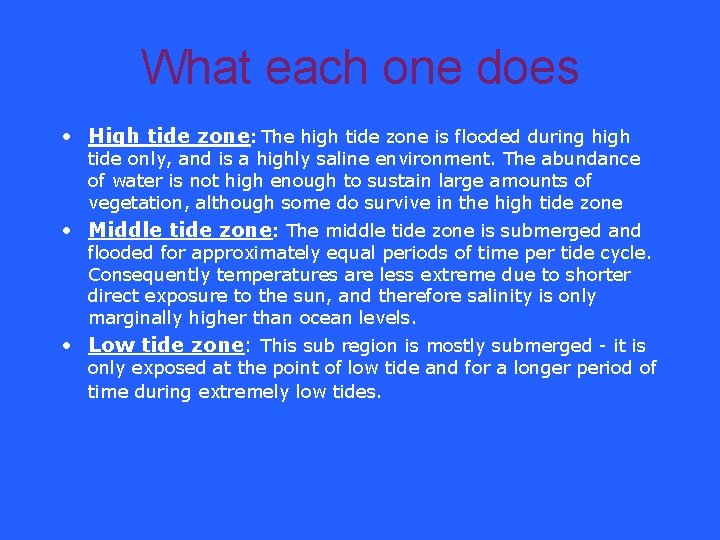 What each one does • High tide zone: The high tide zone is flooded
