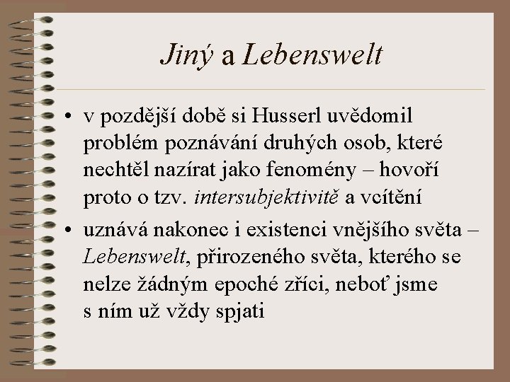 Jiný a Lebenswelt • v pozdější době si Husserl uvědomil problém poznávání druhých osob,