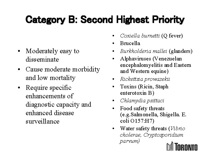 Category B: Second Highest Priority • Moderately easy to disseminate • Cause moderate morbidity