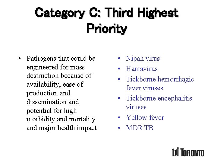 Category C: Third Highest Priority • Pathogens that could be engineered for mass destruction