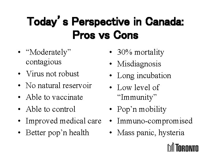 Today’s Perspective in Canada: Pros vs Cons • “Moderately” contagious • Virus not robust