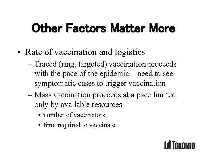 Other Factors Matter More • Rate of vaccination and logistics – Traced (ring, targeted)