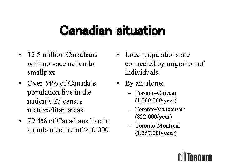 Canadian situation • 12. 5 million Canadians with no vaccination to smallpox • Over