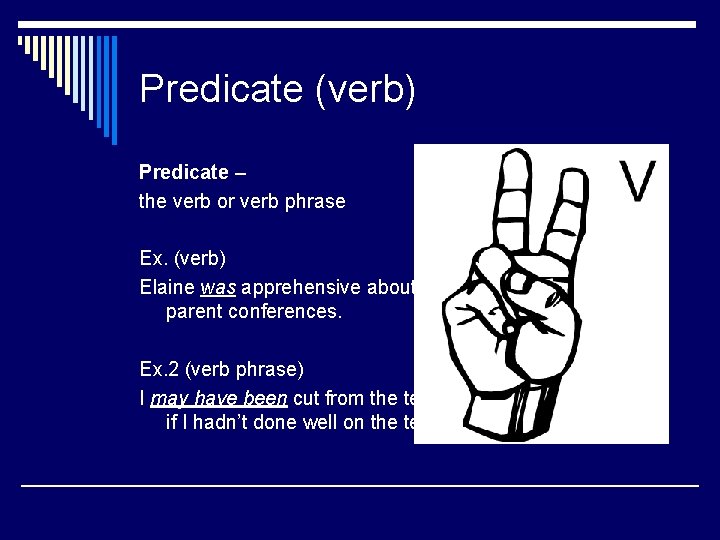 Predicate (verb) Predicate – the verb or verb phrase Ex. (verb) Elaine was apprehensive Predicate (verb) Predicate – the verb or verb phrase Ex. (verb) Elaine was apprehensive
