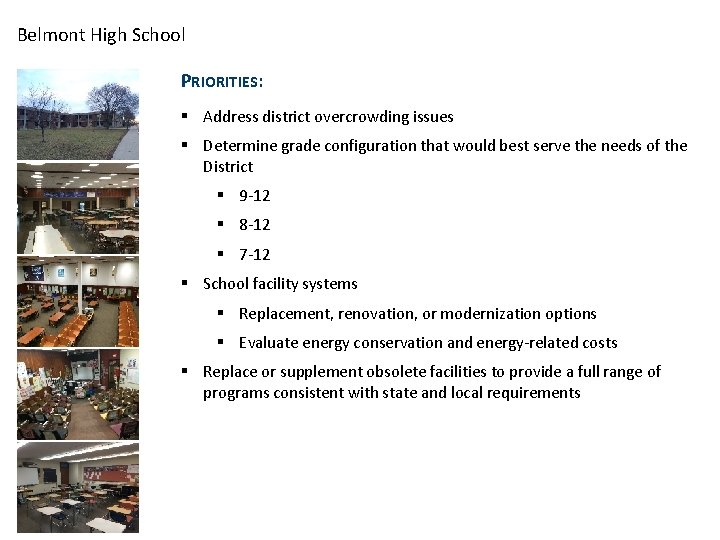 Belmont High School PRIORITIES: § Address district overcrowding issues § Determine grade configuration that