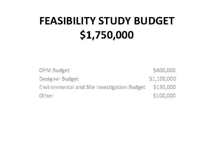 FEASIBILITY STUDY BUDGET $1, 750, 000 OPM Budget $400, 000 Designer Budget $1, 100,