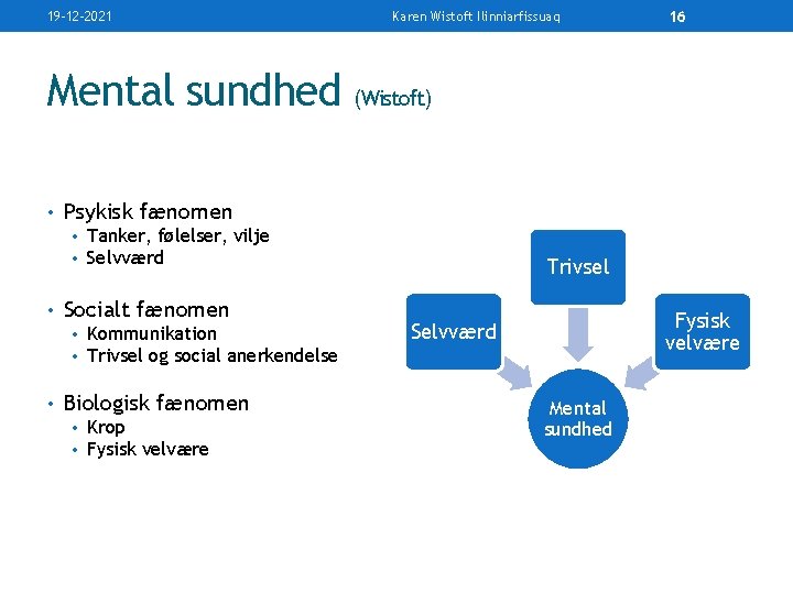 19 -12 -2021 Karen Wistoft Ilinniarfissuaq 16 Mental sundhed (Wistoft) • Psykisk fænomen •