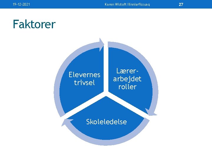 19 -12 -2021 Karen Wistoft Ilinniarfissuaq Faktorer Elevernes trivsel Lærerarbejdet roller Skoleledelse 27 