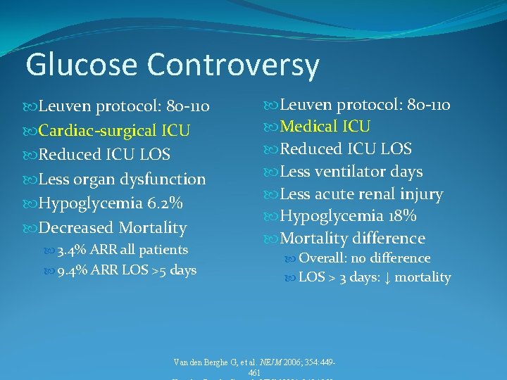 Glucose Controversy Leuven protocol: 80 -110 Cardiac-surgical ICU Reduced ICU LOS Less organ dysfunction