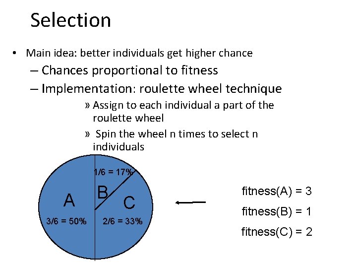 Selection • Main idea: better individuals get higher chance – Chances proportional to fitness