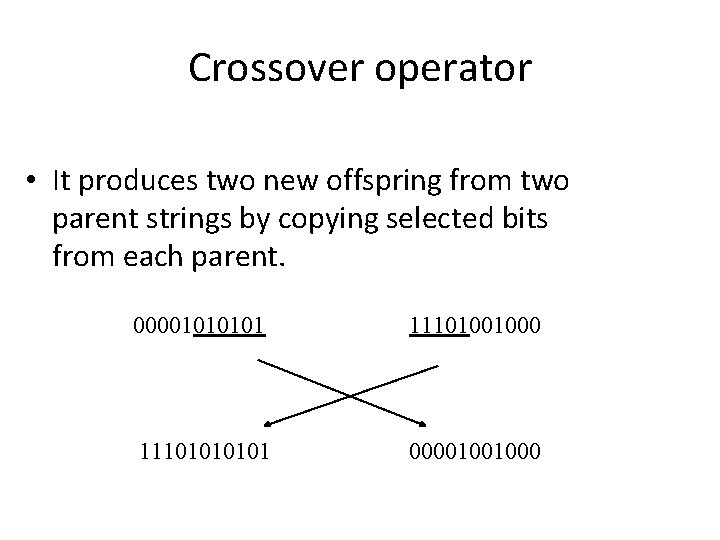 Crossover operator • It produces two new offspring from two parent strings by copying