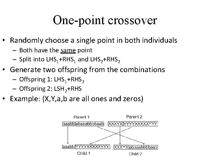 One-point crossover • Randomly choose a single point in both individuals – Both have