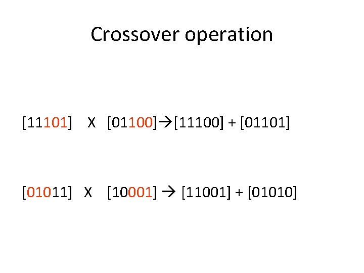 Crossover operation [11101] X [01100] [11100] + [01101] [01011] X [10001] [11001] + [01010]