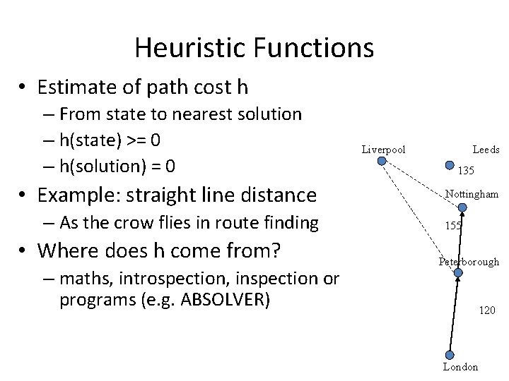 Heuristic Functions • Estimate of path cost h – From state to nearest solution
