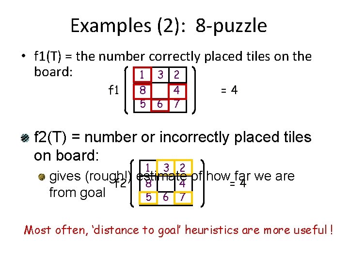 Examples (2): 8 -puzzle • f 1(T) = the number correctly placed tiles on