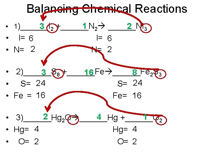 Balancing Chemical Reactions • 1)______I 1 2 ______NI 3 2 +______N 2 3 •