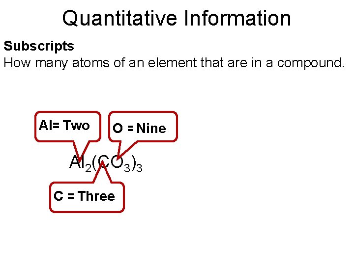 Quantitative Information Subscripts How many atoms of an element that are in a compound.