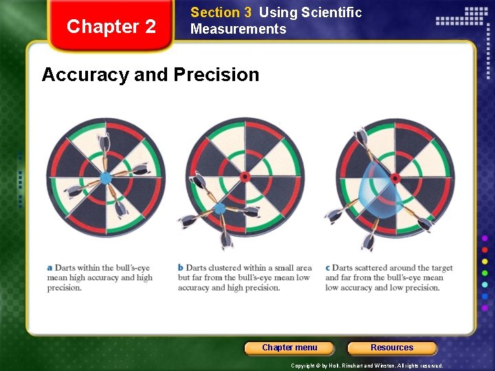 Chapter 2 Section 3 Using Scientific Measurements Accuracy and Precision Chapter menu Resources Copyright