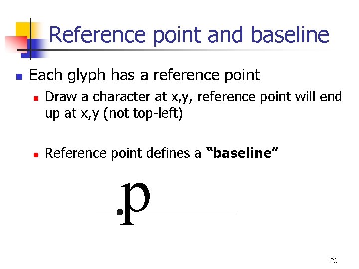 Reference point and baseline n Each glyph has a reference point n n Draw