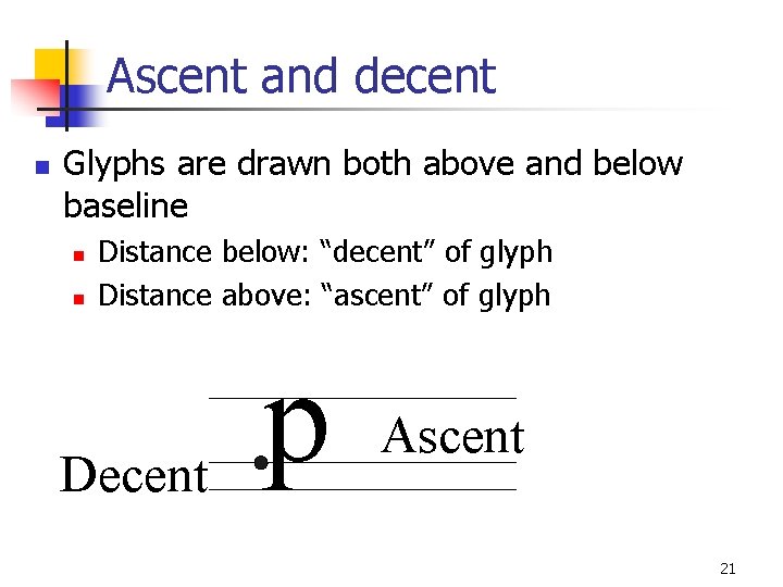 Ascent and decent n Glyphs are drawn both above and below baseline n n