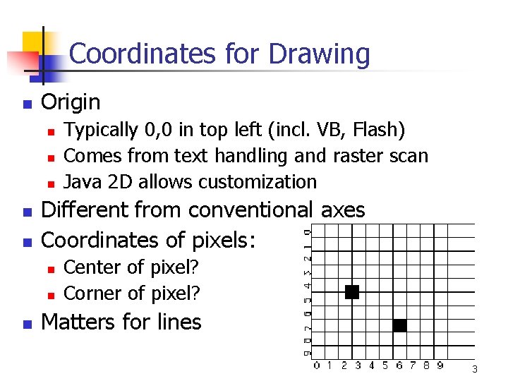 Coordinates for Drawing n Origin n n Different from conventional axes Coordinates of pixels: