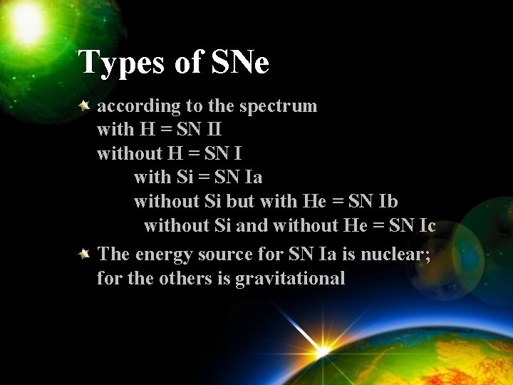 Types of SNe according to the spectrum with H = SN II without H
