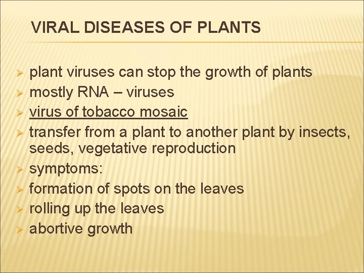 VIRAL DISEASES OF PLANTS Ø Ø Ø Ø plant viruses can stop the growth