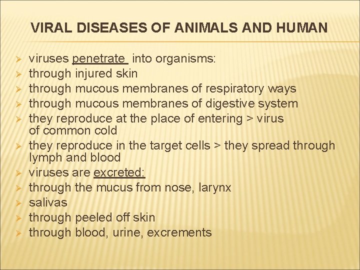 VIRAL DISEASES OF ANIMALS AND HUMAN Ø Ø Ø viruses penetrate into organisms: through