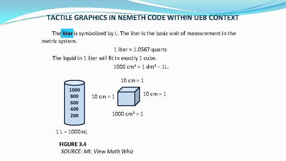 TACTILE GRAPHICS IN NEMETH CODE WITHIN UEB CONTEXT The liter is symbolized by L.