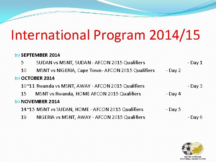International Program 2014/15 SEPTEMBER 2014 5 SUDAN vs MSNT, SUDAN - AFCON 2015 Qualifiers
