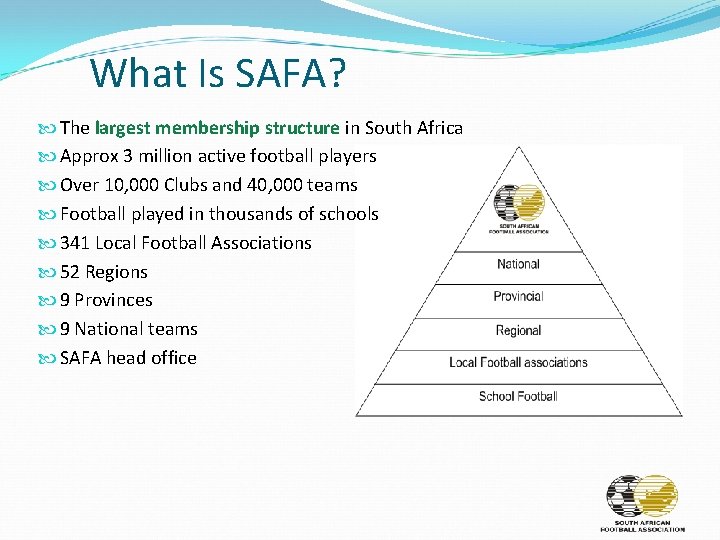 What Is SAFA? The largest membership structure in South Africa Approx 3 million active