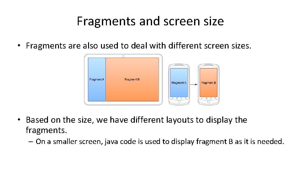 Fragments and screen size • Fragments are also used to deal with different screen Fragments and screen size • Fragments are also used to deal with different screen