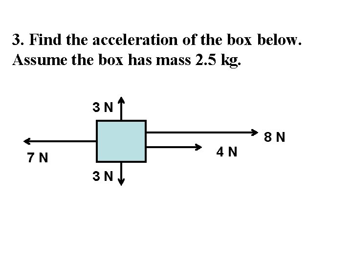 3. Find the acceleration of the box below. Assume the box has mass 2. 3. Find the acceleration of the box below. Assume the box has mass 2.