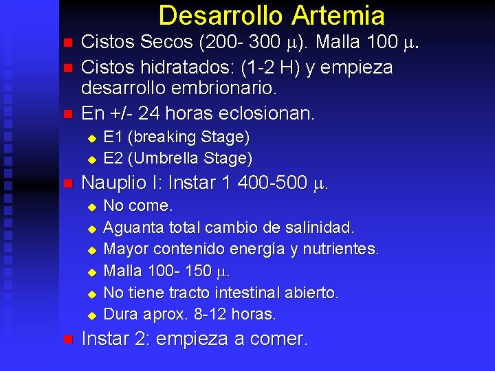 Desarrollo Artemia n n n Cistos Secos (200 - 300 m). Malla 100 m.