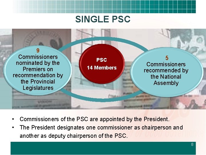 SINGLE PSC 9 Commissioners nominated by the Premiers on recommendation by the Provincial Legislatures