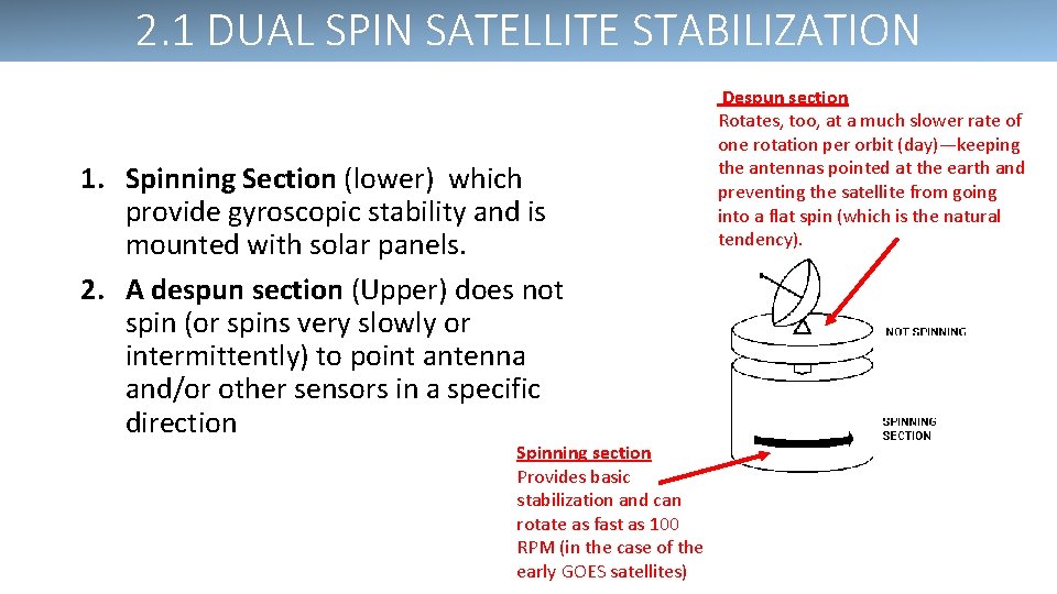 2. 1 DUAL SPIN SATELLITE STABILIZATION 1. Spinning Section (lower) which provide gyroscopic stability