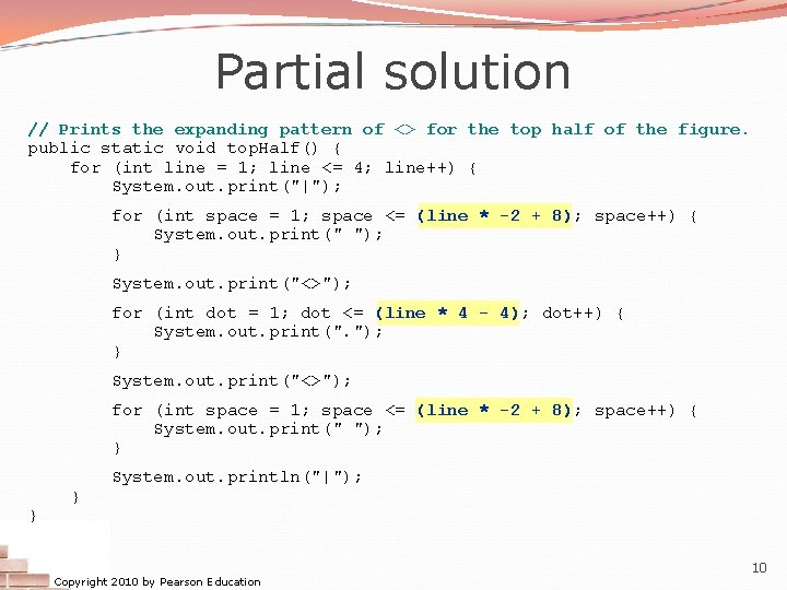 Partial solution // Prints the expanding pattern of <> for the top half of