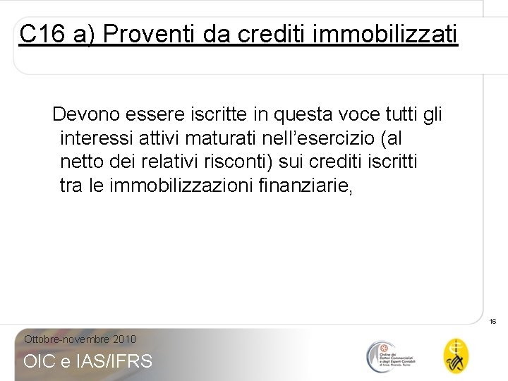 C 16 a) Proventi da crediti immobilizzati Devono essere iscritte in questa voce tutti